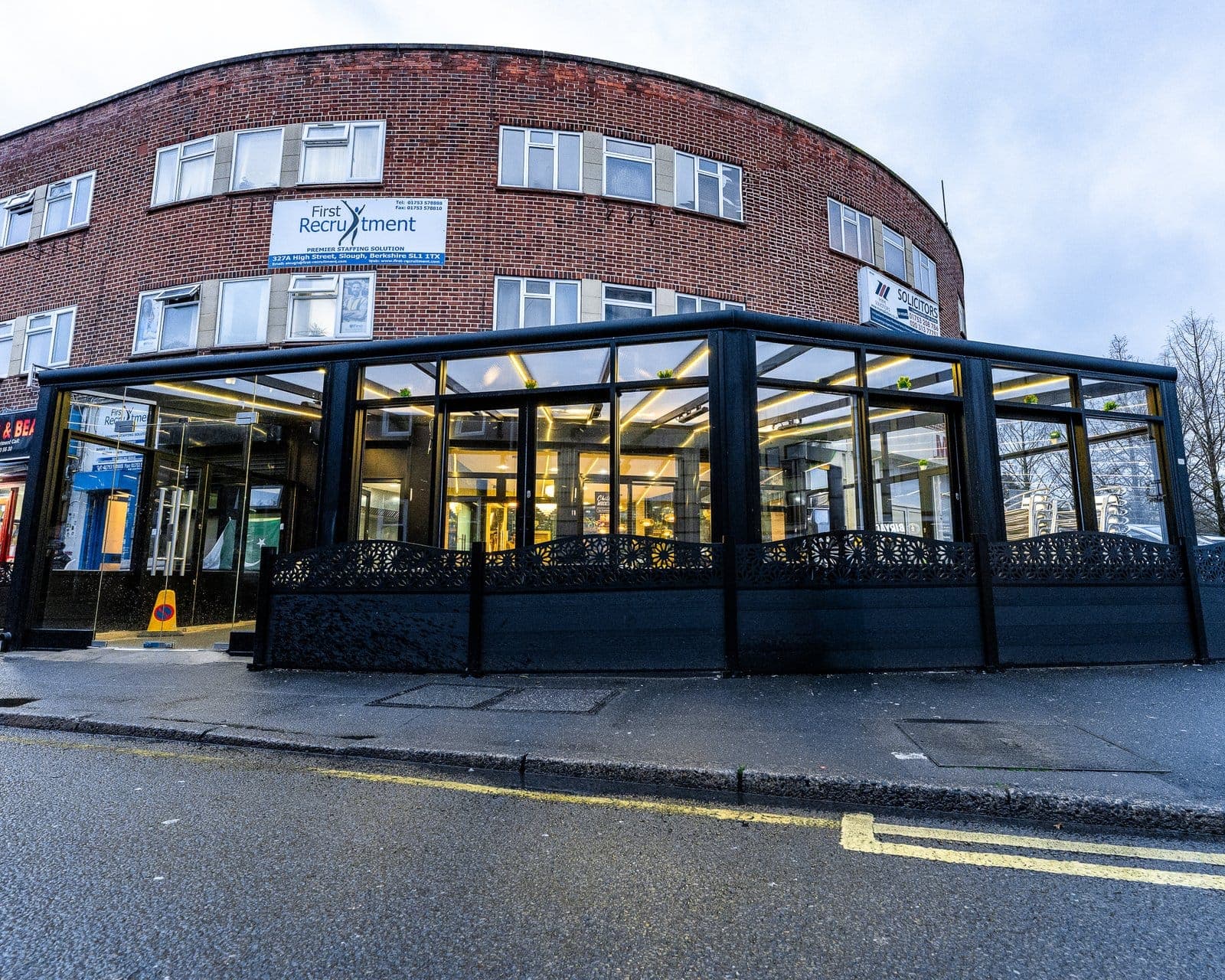 Multi-bay commercial restaurant veranda enclosure on street frontage in Slough Berkshire.