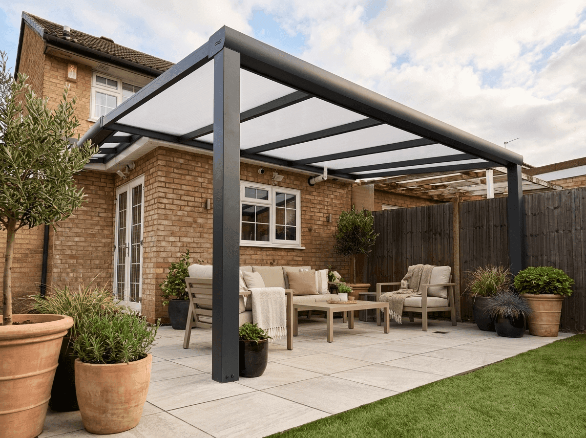 A UK garden terrace with a dark anthracite aluminium veranda and integrated LED spotlights