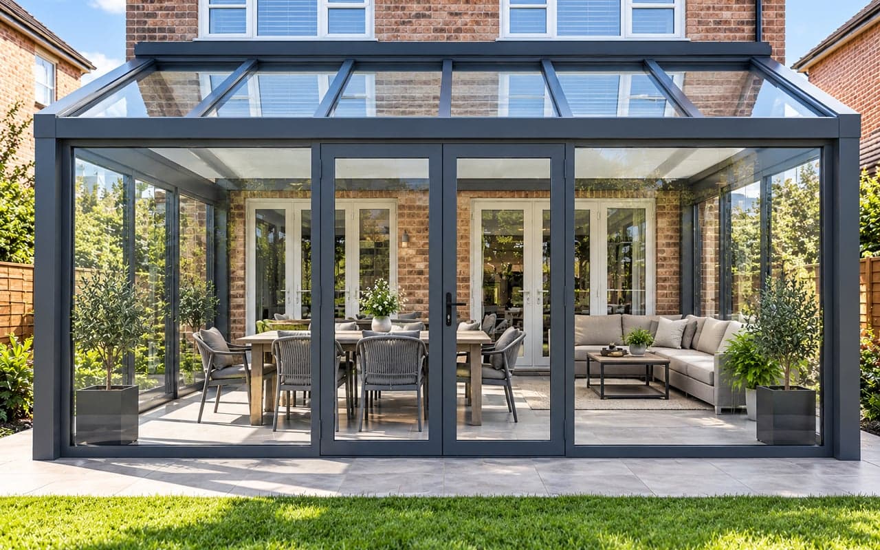 Aluminium-framed glazed access doors within a veranda enclosure with fixed glass panels.