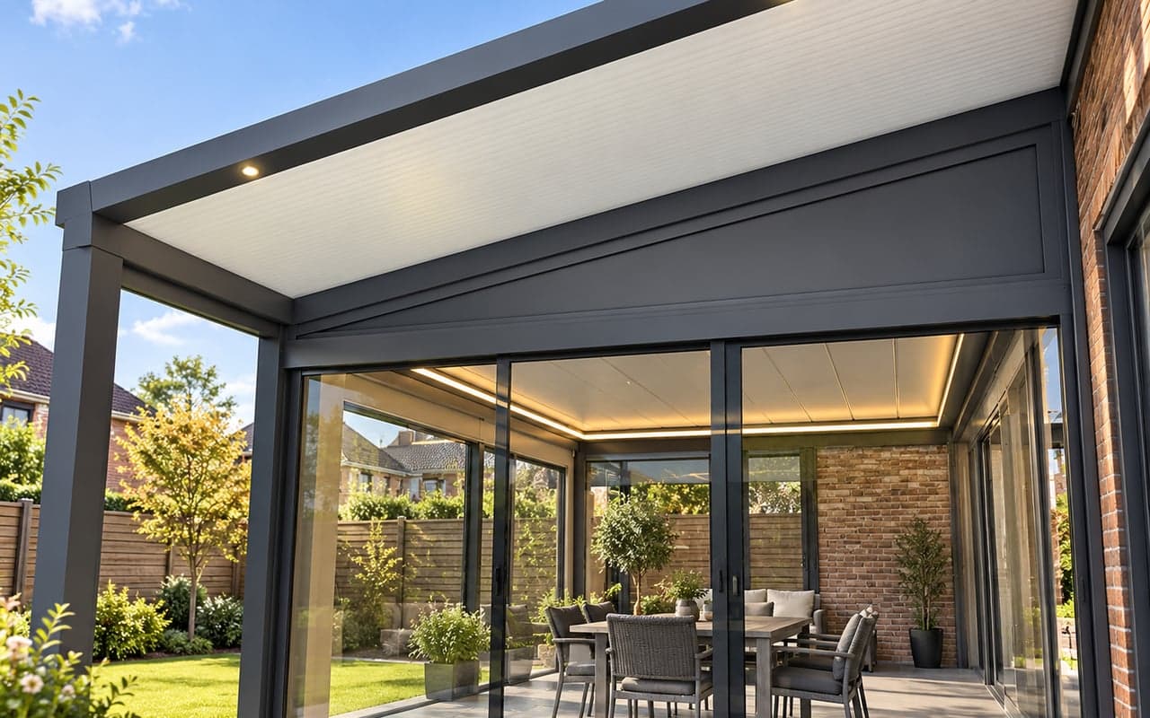 Anthracite aluminium wedge infill above sliding glass doors beneath a sloping veranda roof.