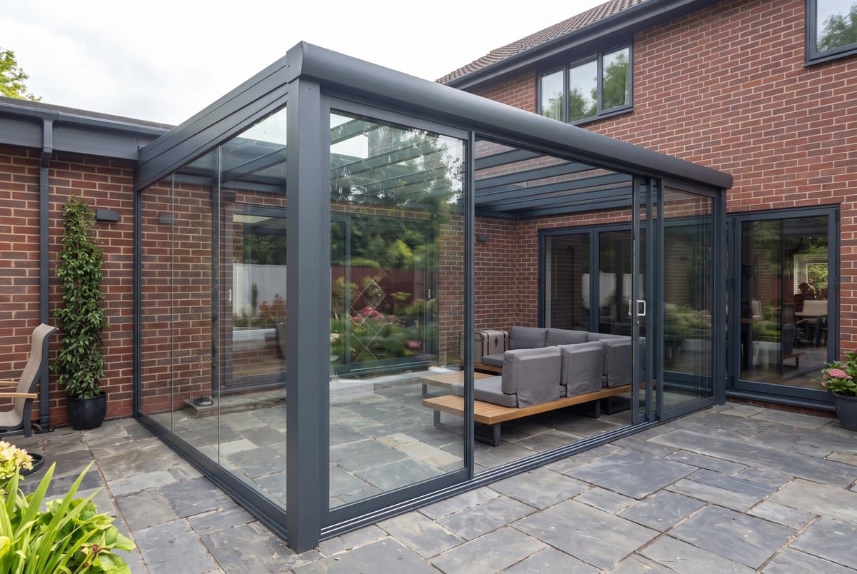 Framed architectural aluminium sliding glass doors with dark profiles installed on a patio veranda
