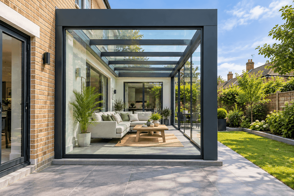 Floor-to-rafter fixed glass side wall installed on an aluminium veranda providing a clear view and side windbreak