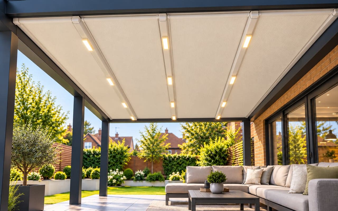 Retractable fabric roof blind fitted to an anthracite aluminium veranda with illuminated rafters over an outdoor lounge seating area.