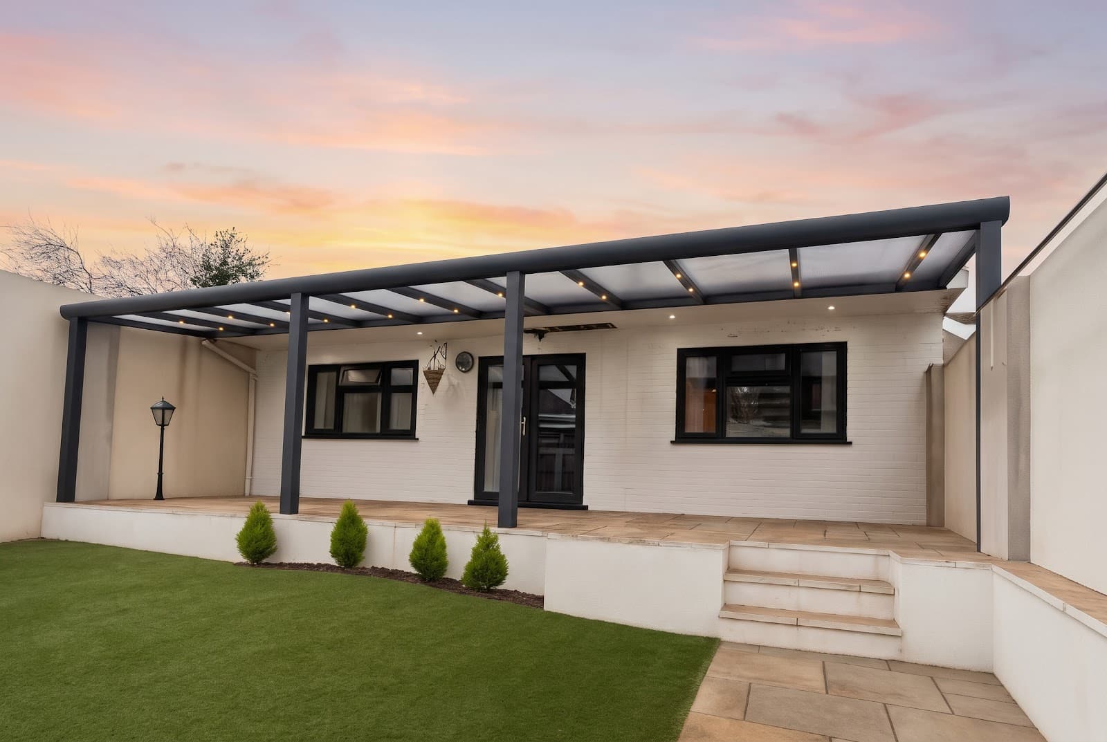 Anthracite grey aluminium veranda with translucent polycarbonate roof panels attached to a rendered house above a paved patio terrace