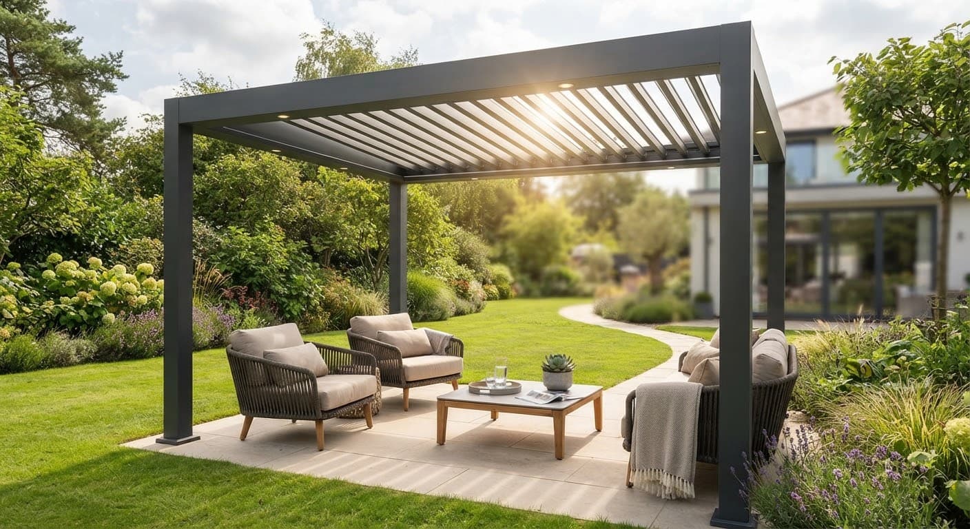 Freestanding bioclimatic aluminium pergola with motorized open louvres