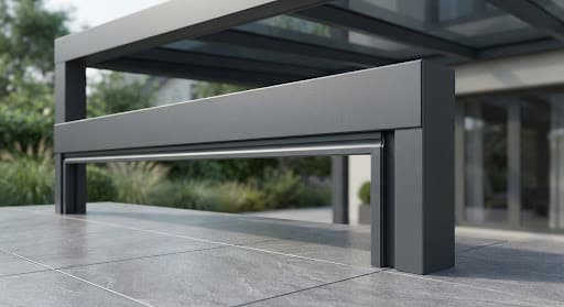 Architectural close-up of anthracite grey Cube veranda showing seamless heavy-duty flat box fascia and internal concealed roof fall