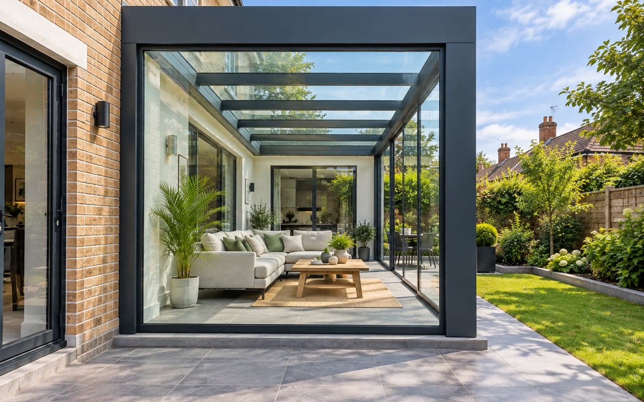 Fixed glass side wall within an anthracite aluminium veranda overlooking a garden.