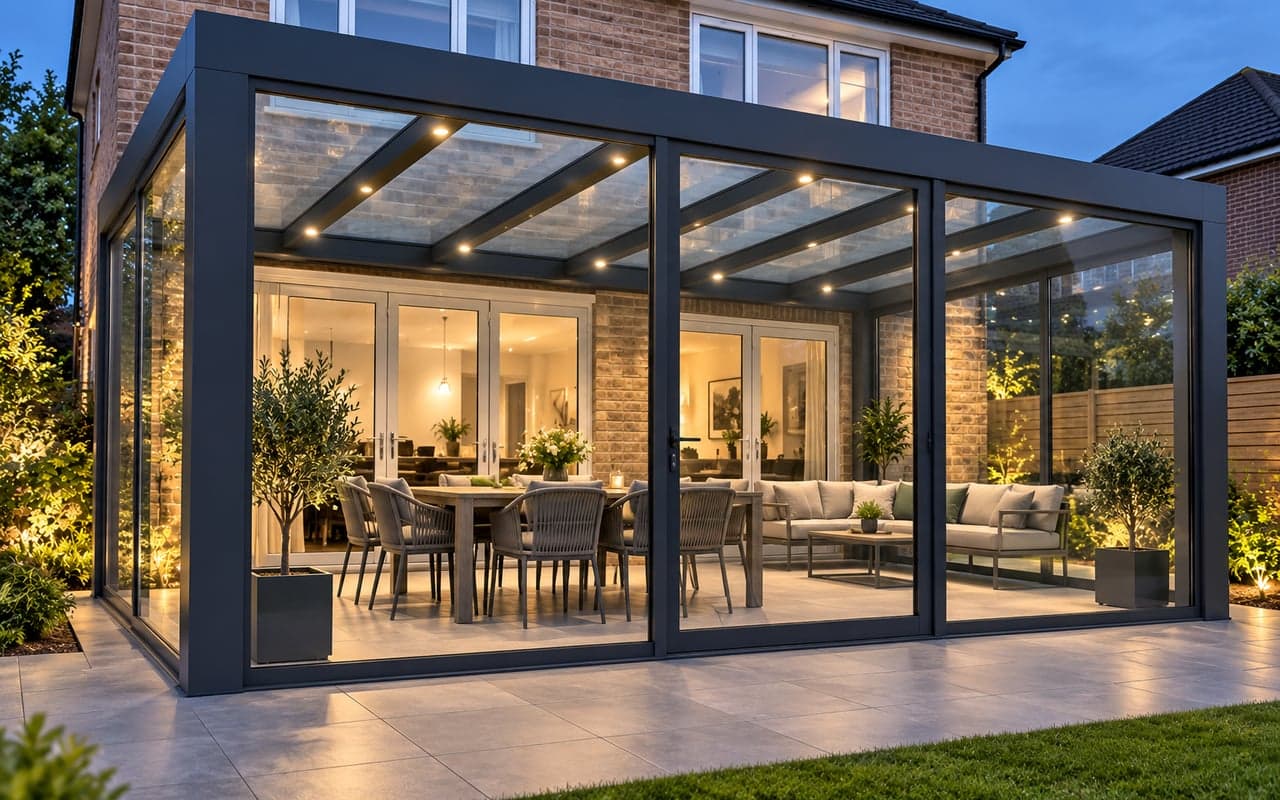 Cube veranda with integrated LED spotlights illuminating the roof rafters and enclosed seating area.