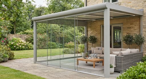 Frameless sliding glass doors fitted under a Cube aluminium veranda enclosing an outdoor patio lounge