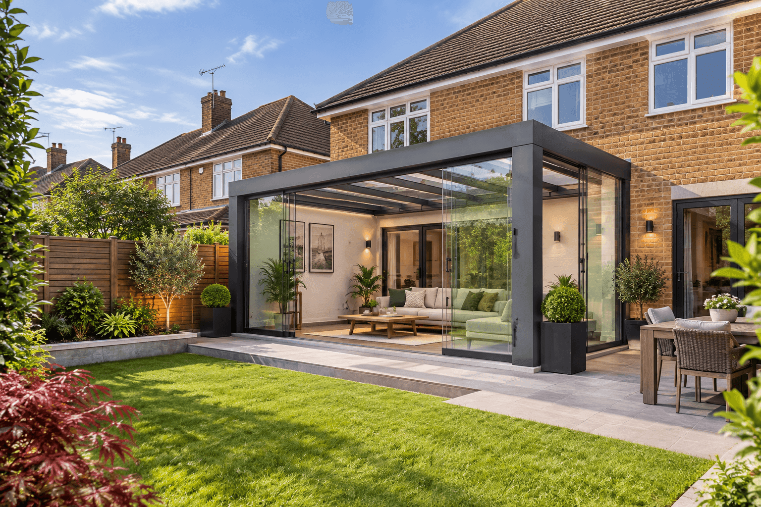 Anthracite grey Cube veranda with glass roof and sliding glass enclosures overlooking a garden.