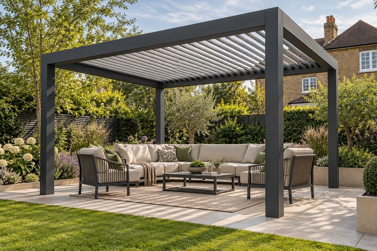 Freestanding anthracite louvred pergola sheltering an outdoor lounge sofa and armchairs in a London garden