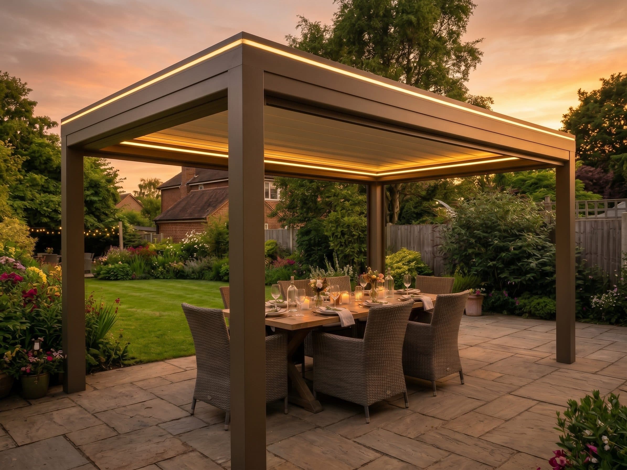 Louvred aluminium pergola with integrated LED lighting over an outdoor dining table on a garden patio at sunset