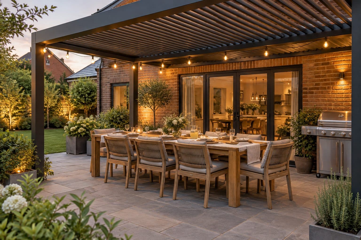 Louvred pergola attached to a brick house, covering a patio dining table for eight with string lights at dusk