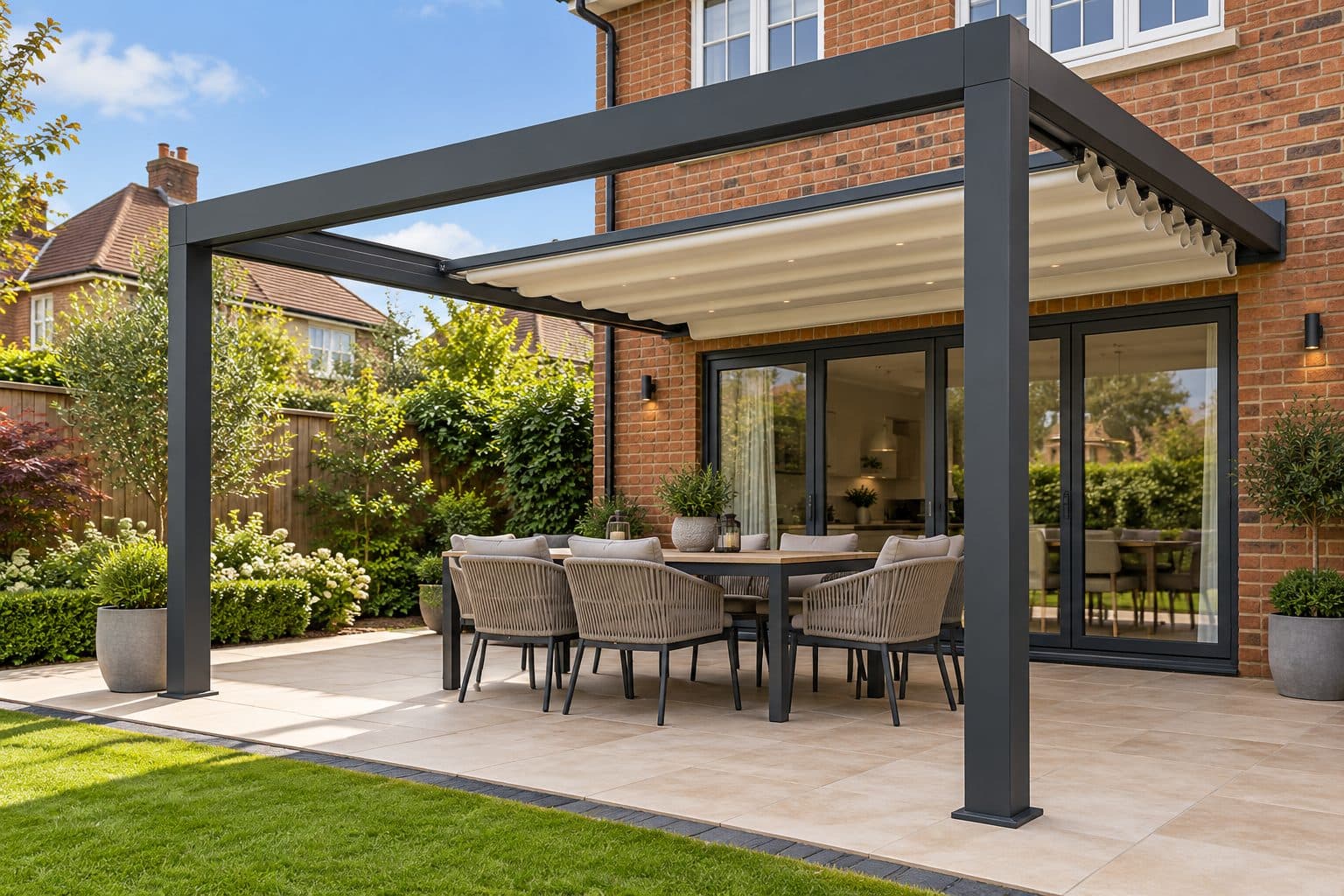 Retractable PVC fabric roof pergola with anthracite aluminium frame over a patio dining set outside a brick house in a London garden
