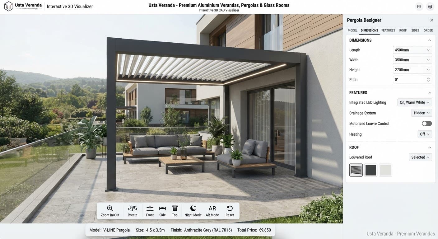 3D visualizer interface preview showing an aluminium pergola on a home terrace